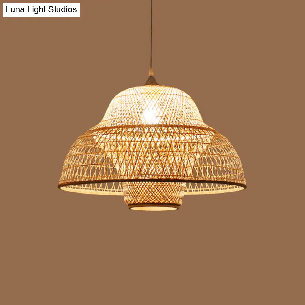 Bamboo Woven Single-Bulb Beige Pendant Lamp: Chinese Gourd/Basket Design For Dining Room Suspension