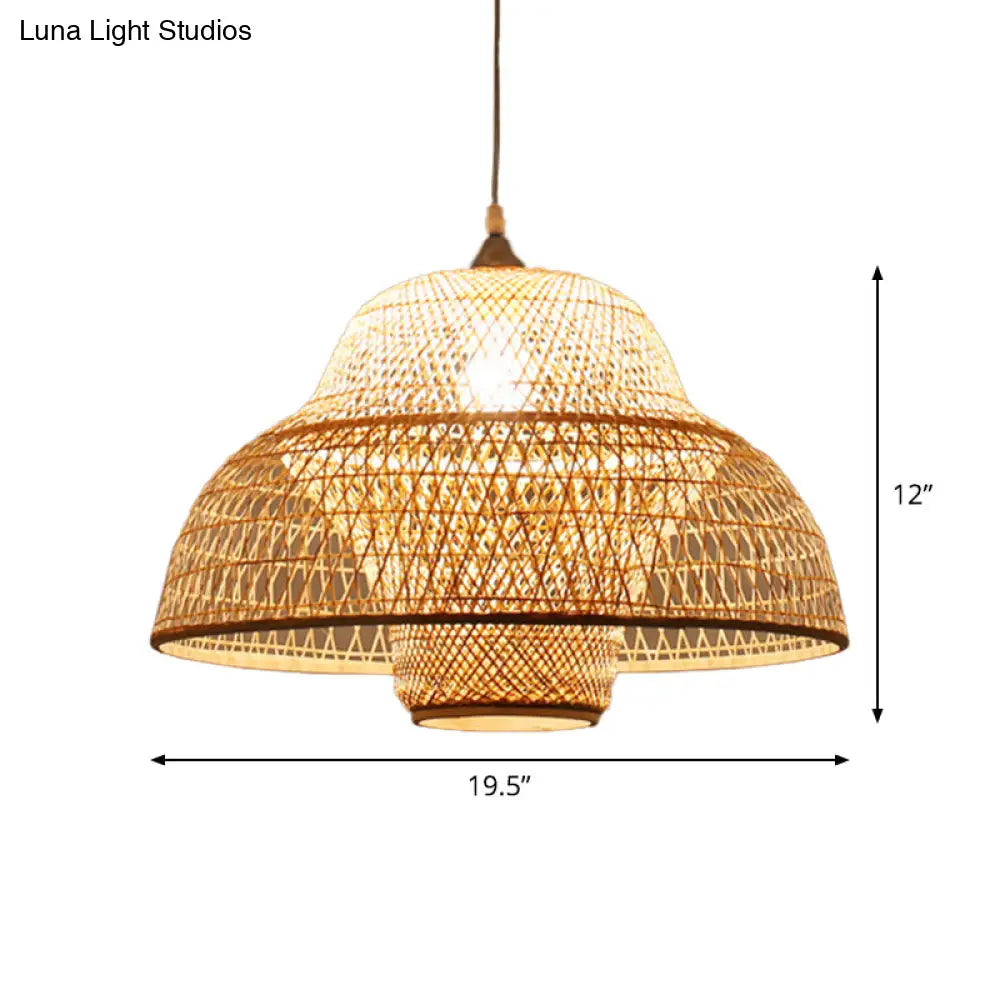 Bamboo Woven Single-Bulb Beige Pendant Lamp: Chinese Gourd/Basket Design For Dining Room Suspension