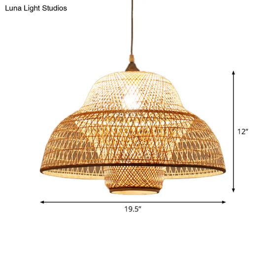 Bamboo Woven Single-Bulb Beige Pendant Lamp: Chinese Gourd/Basket Design For Dining Room Suspension