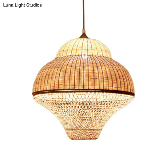 Chinese Bamboo Woven Gourd/Basket Pendant Lamp - Single-Bulb Beige