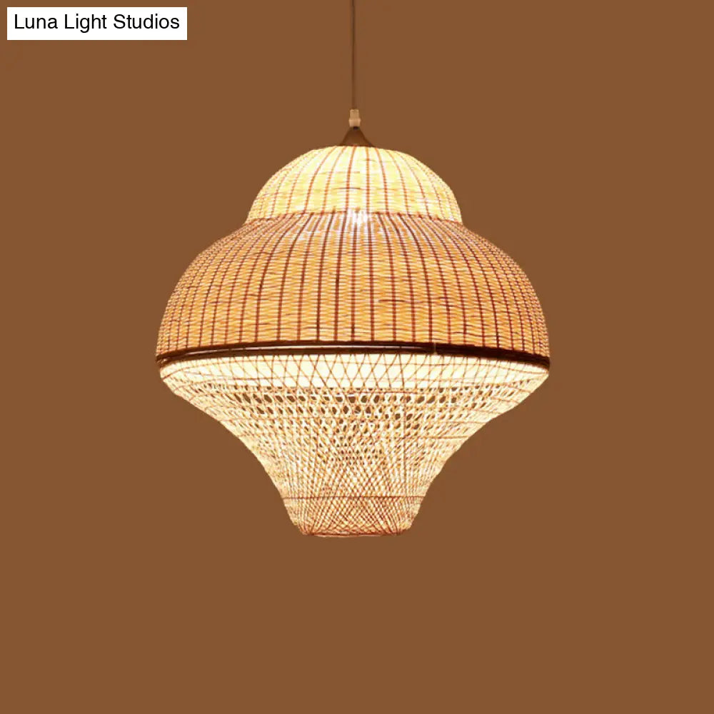 Chinese Bamboo Woven Gourd/Basket Pendant Lamp - Single-Bulb Beige