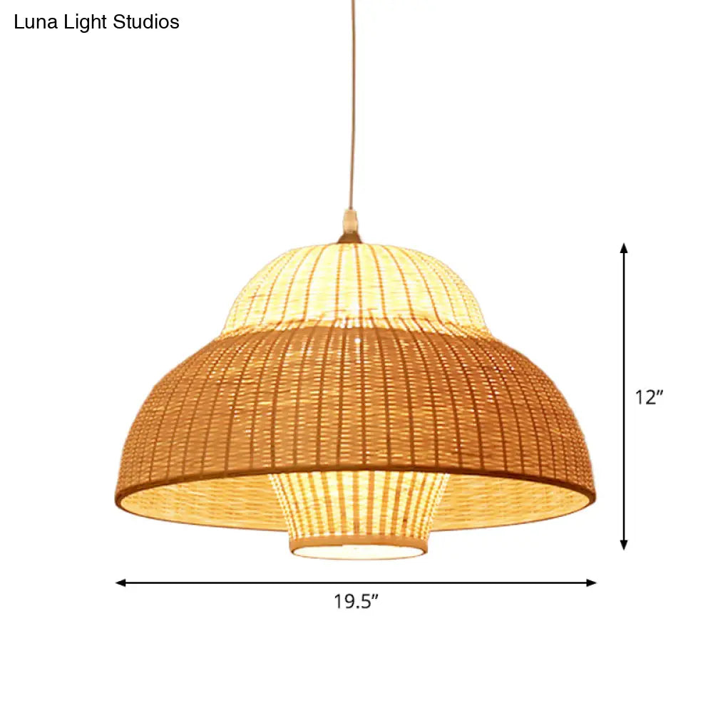 Bamboo Woven Single-Bulb Beige Pendant Lamp: Chinese Gourd/Basket Design For Dining Room Suspension