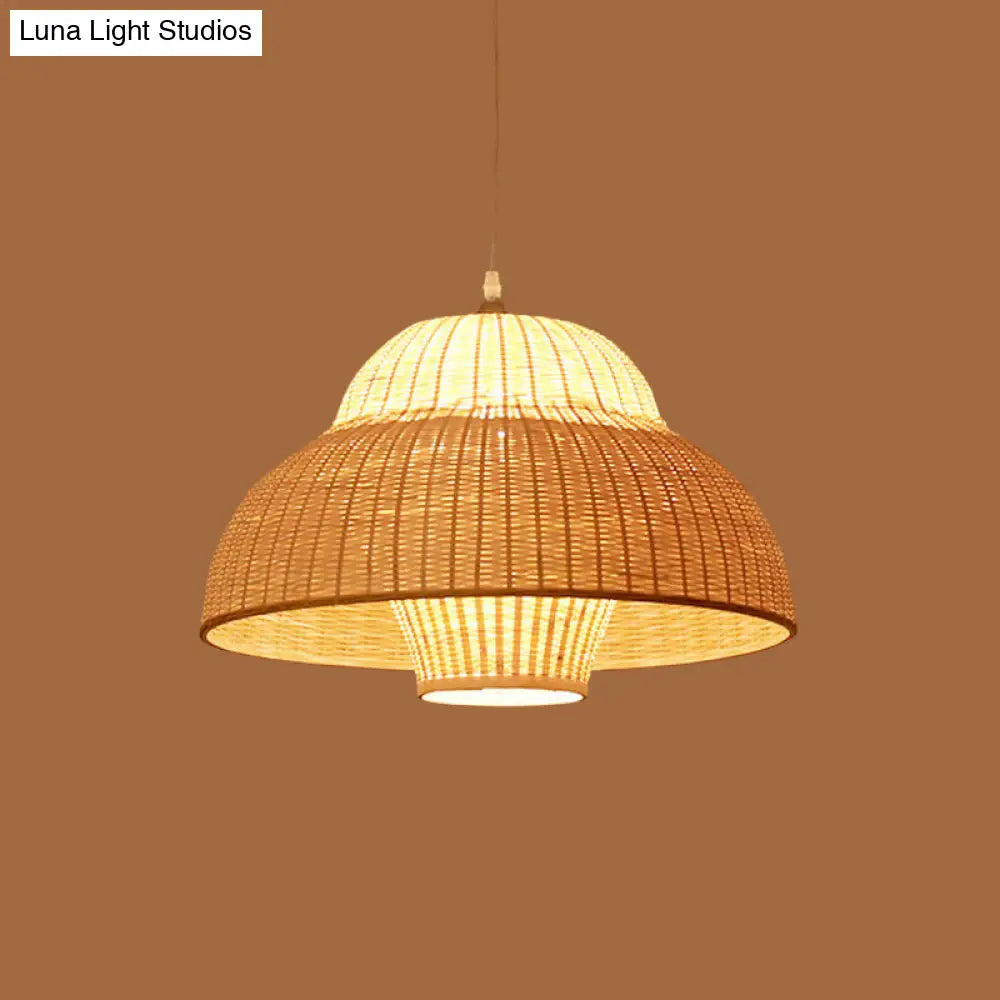 Chinese Bamboo Woven Gourd/Basket Pendant Lamp - Single-Bulb Beige