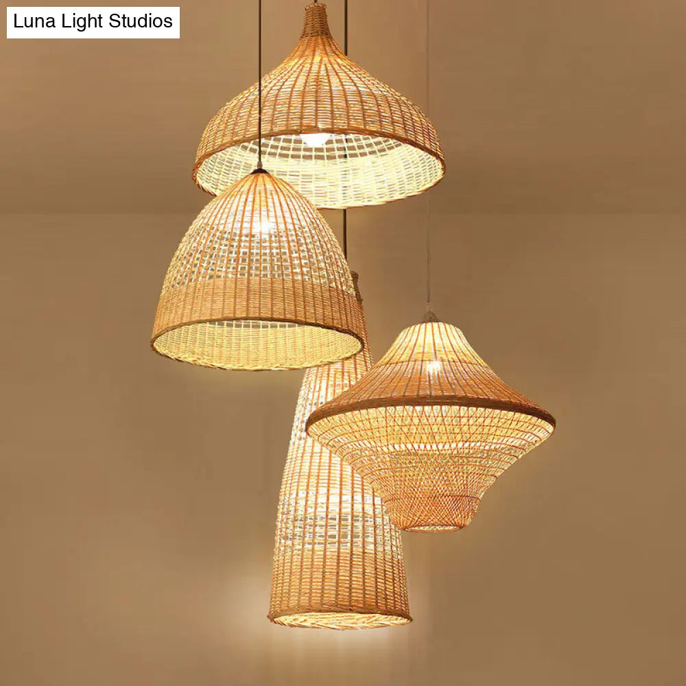 Chinese Bamboo Woven Gourd/Basket Pendant Lamp - Single-Bulb Beige