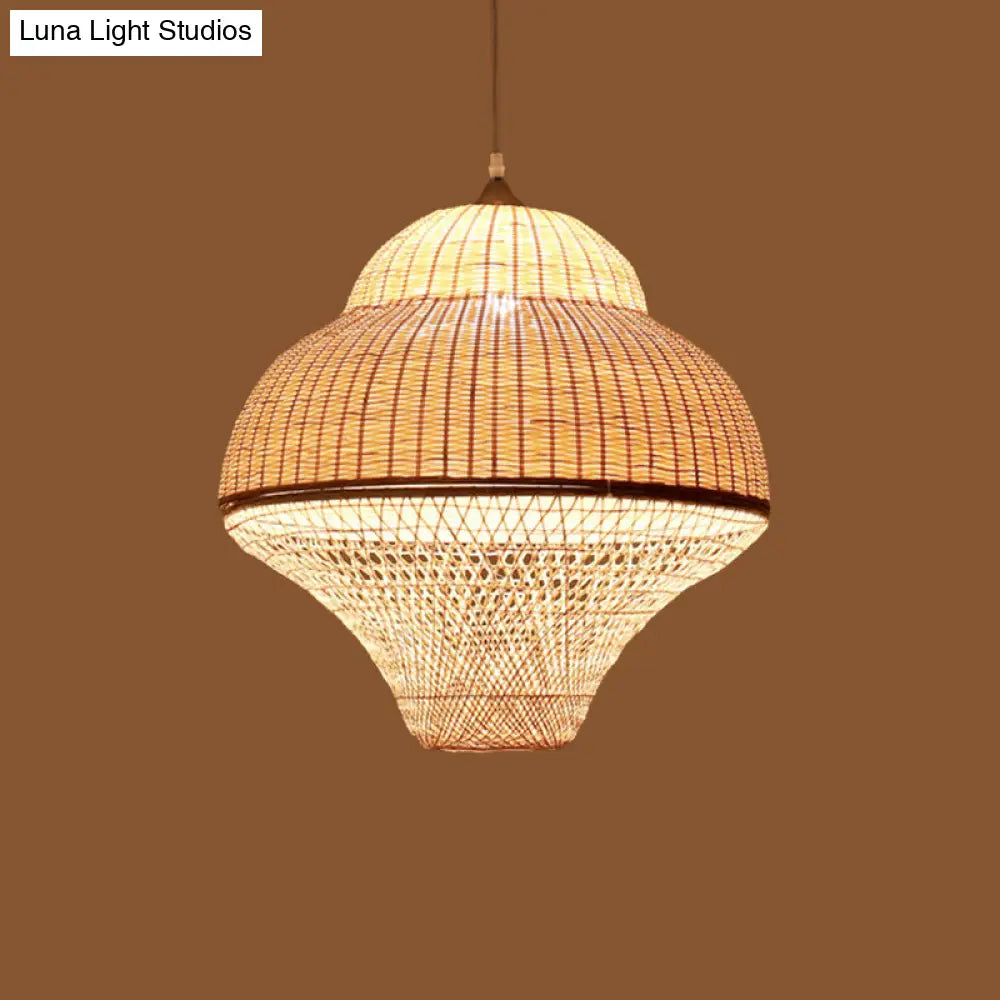 Bamboo Woven Single-Bulb Beige Pendant Lamp: Chinese Gourd/Basket Design For Dining Room Suspension