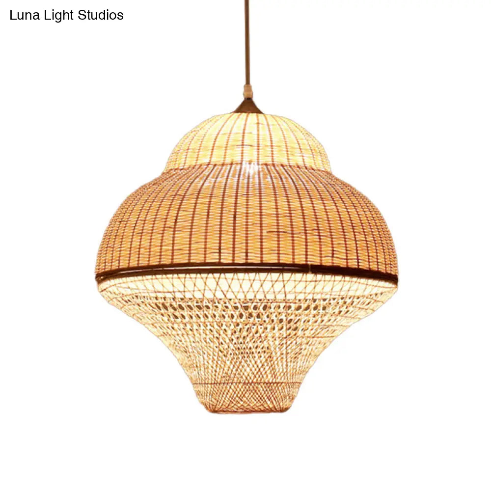 Bamboo Woven Single-Bulb Beige Pendant Lamp: Chinese Gourd/Basket Design For Dining Room Suspension