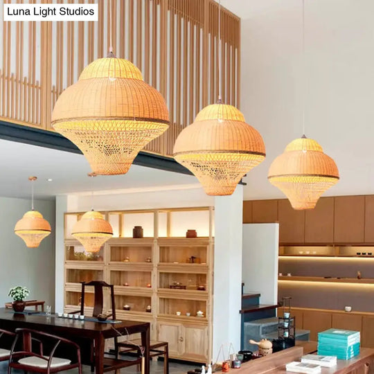 Chinese Bamboo Woven Gourd/Basket Pendant Lamp - Single-Bulb Beige / B