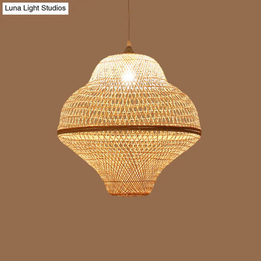 Chinese Bamboo Woven Gourd/Basket Pendant Lamp - Single-Bulb Beige