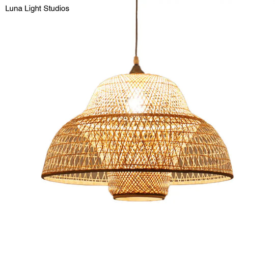 Chinese Bamboo Woven Gourd/Basket Pendant Lamp - Single-Bulb Beige / C