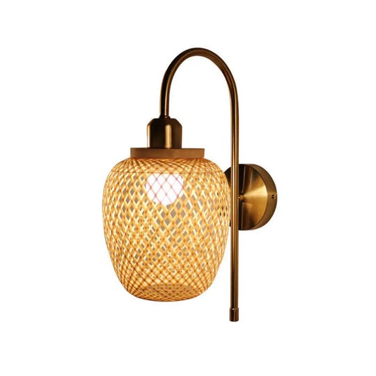 Bamboo Woven Wall Lantern - Chinese Style Wood Mounted Light Fixture With Criss-Cross Design