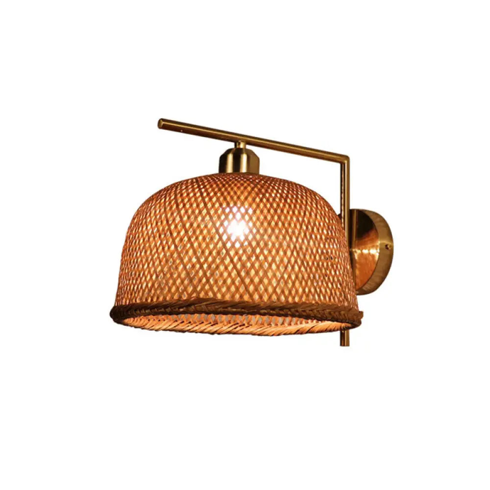 Bamboo Woven Wall Lantern - Chinese Style Wood Mounted Light Fixture With Criss-Cross Design