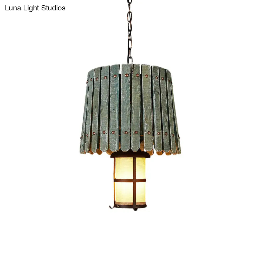 Black Opal Glass Lantern Pendant Light With Barrel Wood Design