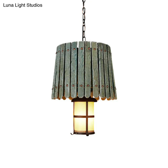 Black Opal Glass Lantern Pendant Light With Barrel Wood Design