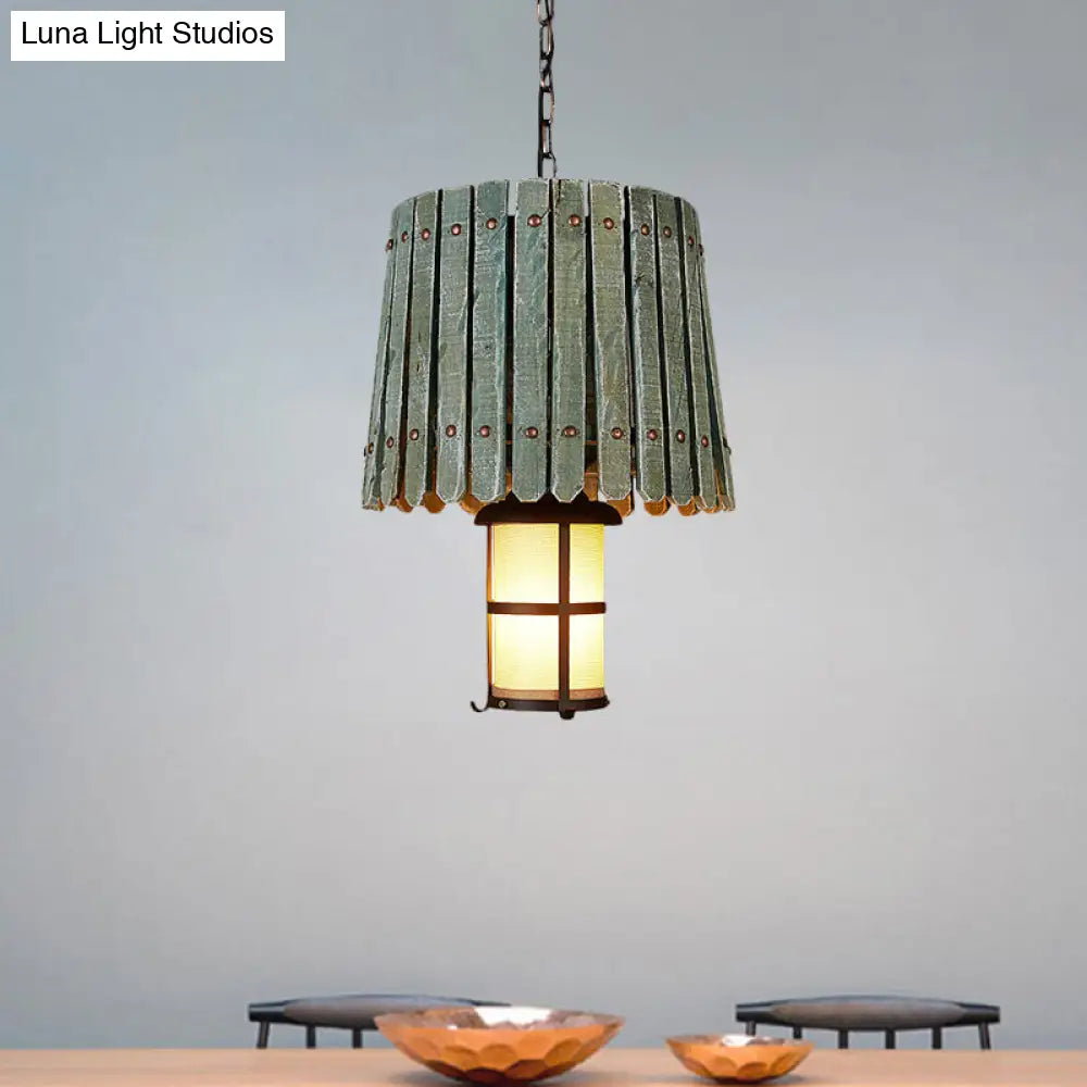 Black Opal Glass Lantern Pendant Light With Barrel Wood Design