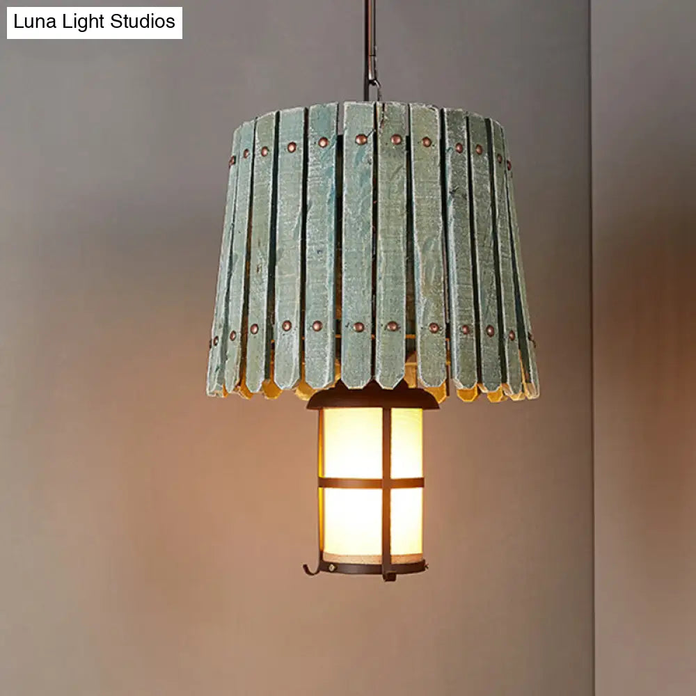 Black Opal Glass Lantern Pendant Light With Barrel Wood Design