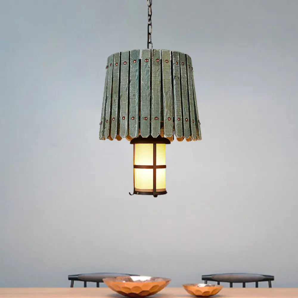 Bar Hanging Light Kit - Opal Glass Lantern Pendant With Barrel Wood Design In Black