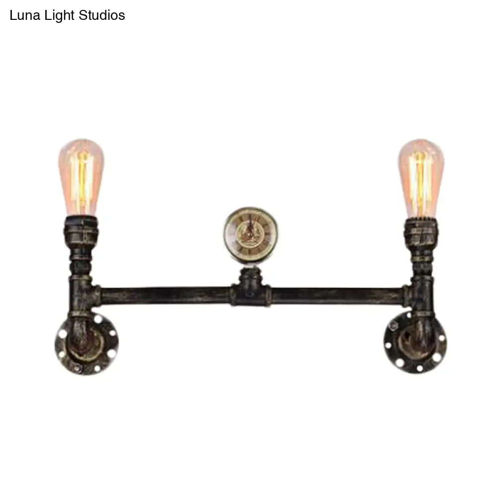 Bare Bulb 2-Head Wall Mount Sconce With Antiqued Iron Bronze Finish And Gauge Deco Lighting