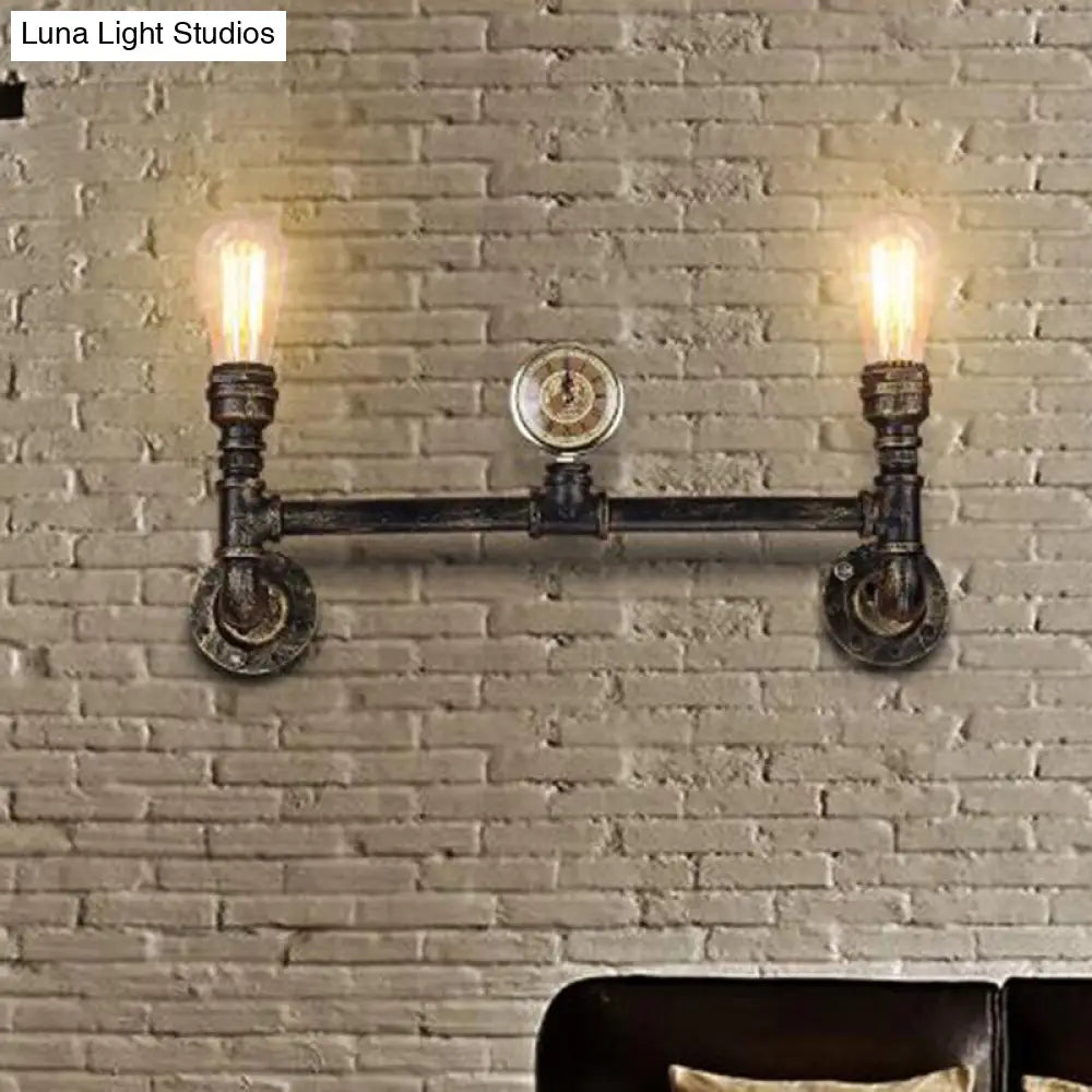 Bare Bulb 2-Head Wall Mount Sconce With Antiqued Iron Bronze Finish And Gauge Deco Lighting