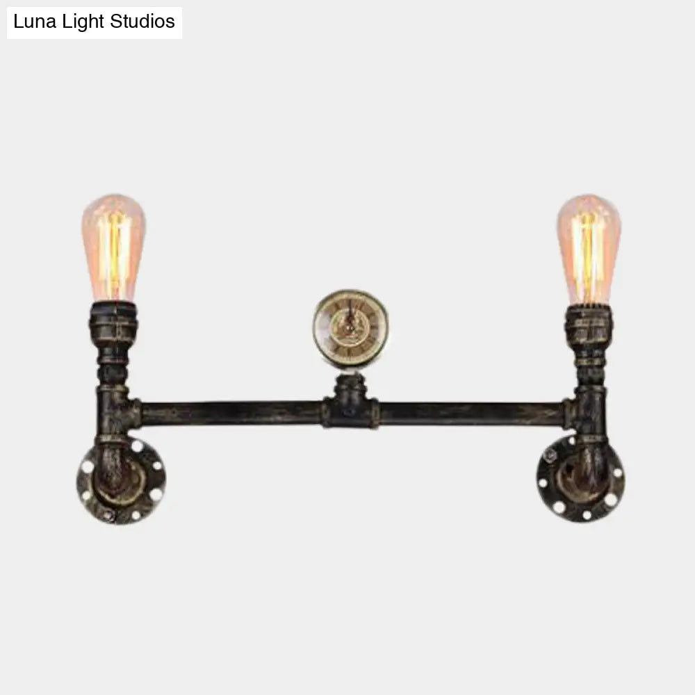 Bare Bulb 2-Head Wall Mount Sconce With Antiqued Iron Bronze Finish And Gauge Deco Lighting