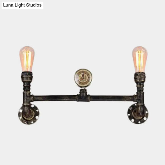 Bare Bulb 2-Head Wall Mount Sconce With Antiqued Iron Bronze Finish And Gauge Deco Lighting