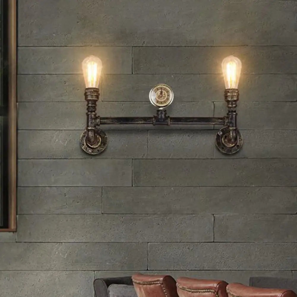 Bare Bulb 2-Head Wall Mount Sconce With Antiqued Iron Bronze Finish And Gauge Deco Lighting