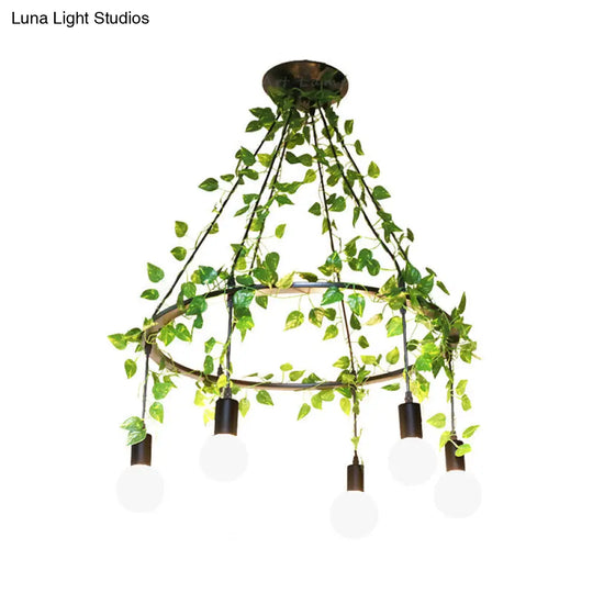 Industrial Metal Cluster Pendant With 6 Bare Bulbs And Plant Decor For Restaurants