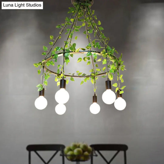 Industrial Metal Cluster Pendant With 6 Bare Bulbs And Plant Decor For Restaurants