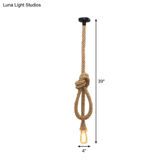 Bare Bulb Design Hemp Rope Ceiling Pendant Light - Brown Knot Farmhouse Style