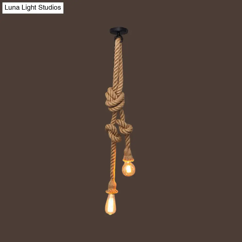 Bare Bulb Design Hemp Rope Ceiling Pendant Light - Brown Knot Farmhouse Style