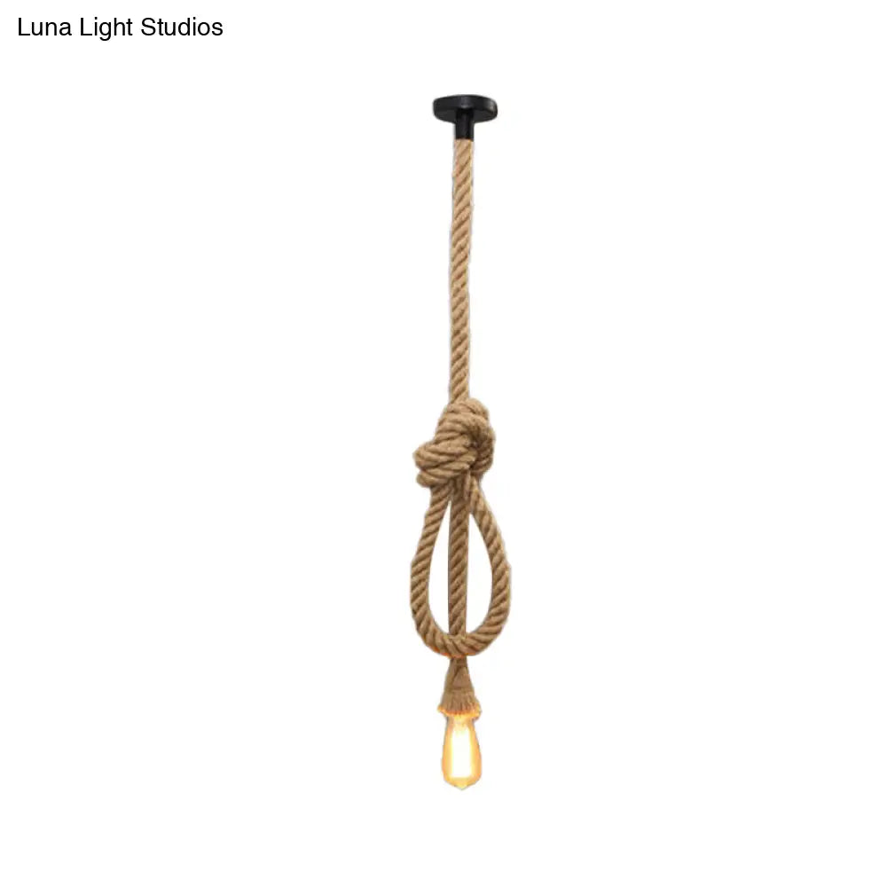 Brown Hemp Rope Knot Hanging Lamp With Bare Bulb Design - Farmhouse Pendant Light / A