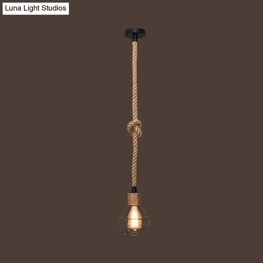 Bare Bulb Design Hemp Rope Ceiling Pendant Light - Brown Knot Farmhouse Style