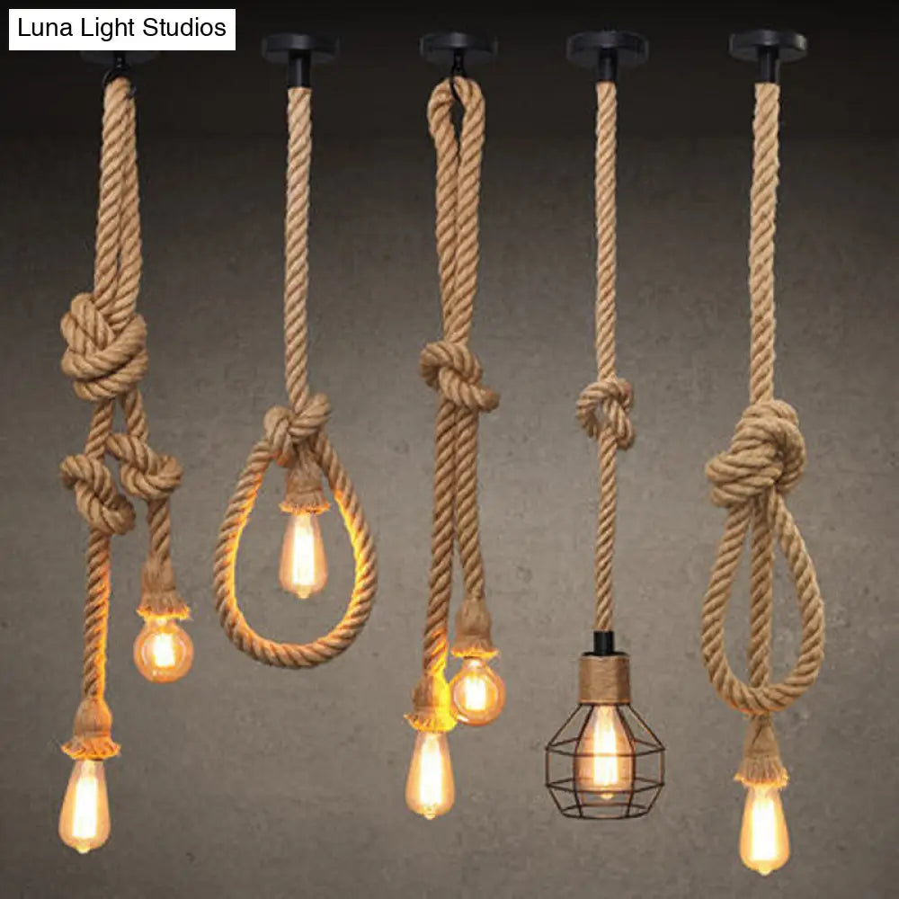 Brown Hemp Rope Knot Hanging Lamp With Bare Bulb Design - Farmhouse Pendant Light