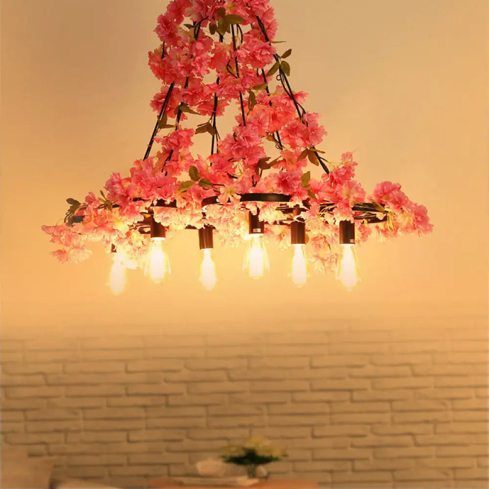 Bare Bulb Industrial Chandelier - Led Pink Flower Restaurant Hanging Lamp (6 Bulbs)