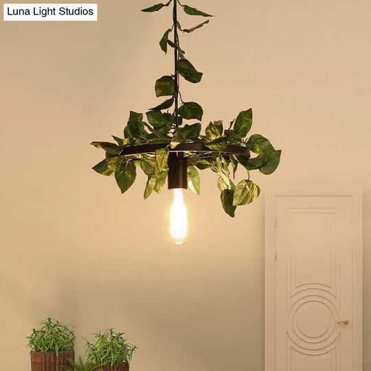 Industrial Metal Pendant Light With Green Plant Led - Perfect For Restaurants