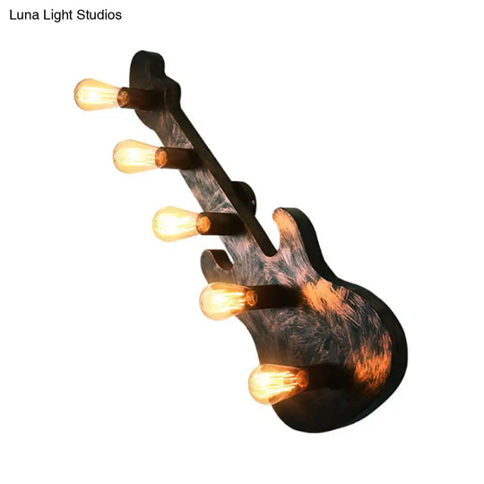 Bare Bulb Iron Wall Lamp With Guitar Backplate - Rustic 5-Light Sconce For Coffee Shops