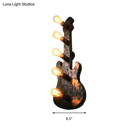 Bare Bulb Iron Wall Lamp With Guitar Backplate - Rustic 5-Light Sconce For Coffee Shops