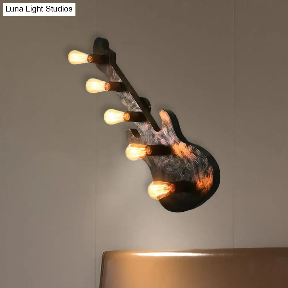 Bare Bulb Iron Wall Lamp With Guitar Backplate - Rustic 5-Light Sconce For Coffee Shops