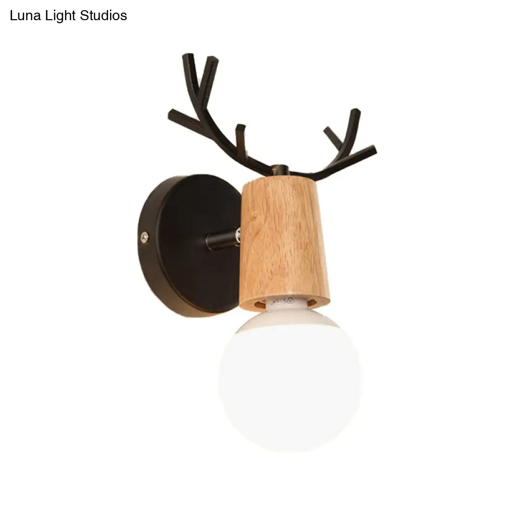 Bare Bulb Sconce With Deer Horn Accent - Modern Black/White Metal And Wood Wall Lamp