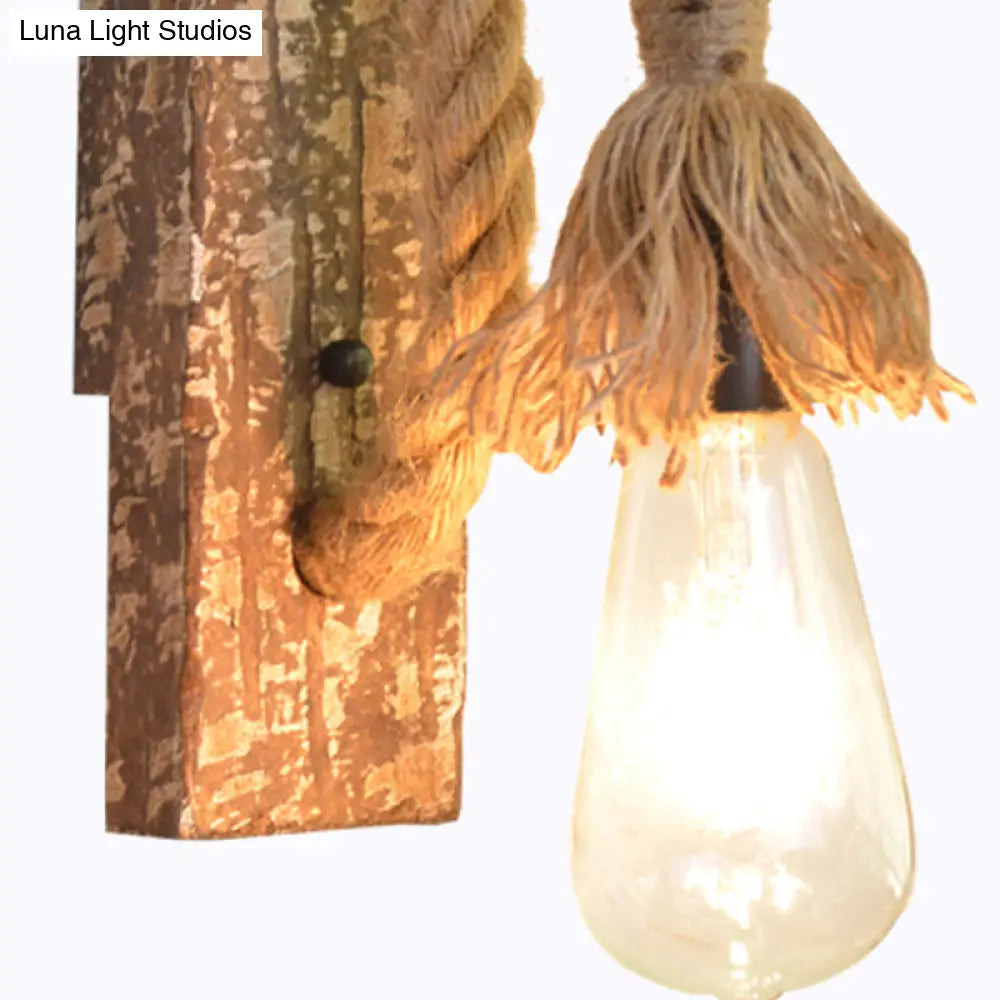 Bare Bulb Wall Light Fixture Beige Jute Rope Wood Backplate Warehouse Style