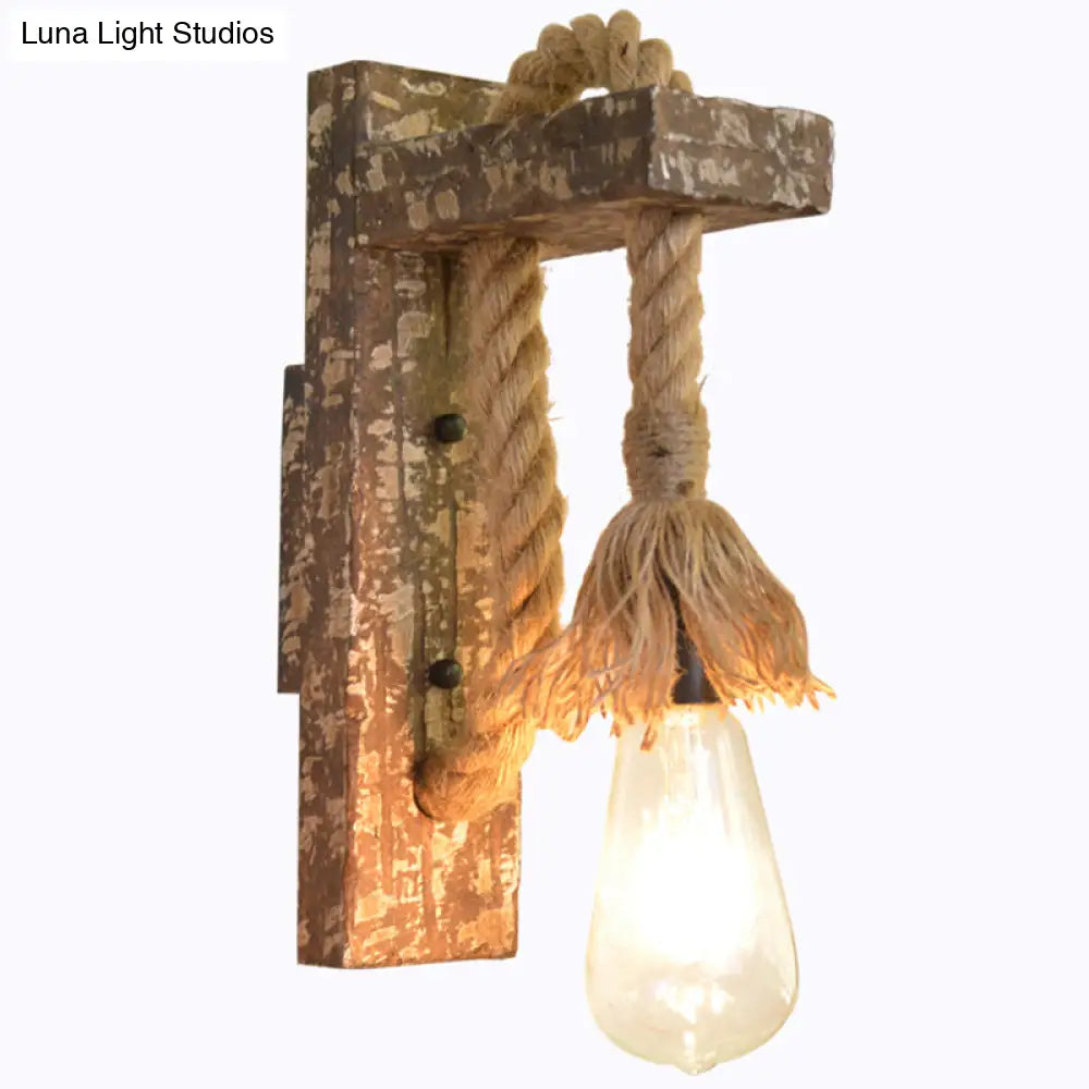 Bare Bulb Wall Light Fixture Beige Jute Rope Wood Backplate Warehouse Style