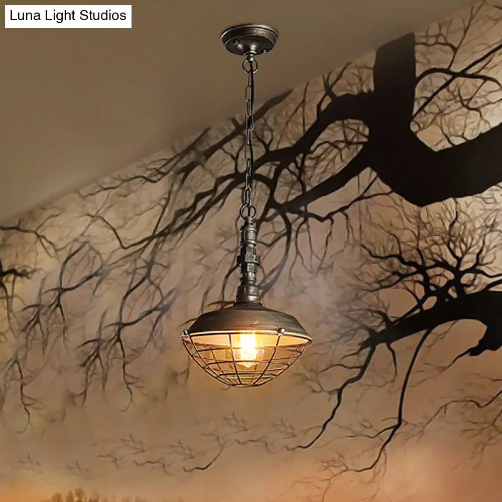 Barn Hanging Light: Rustic Loft Pendant Lamp With Wire Guard Shade And Bronze Finish