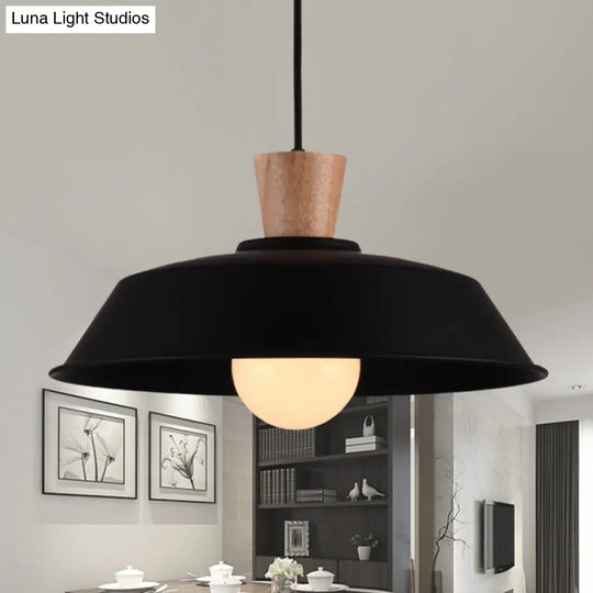 Barn Living Room Hanging Lamp - Industrial Iron Pendant Light Fixture (1-Light) With Wooden Top