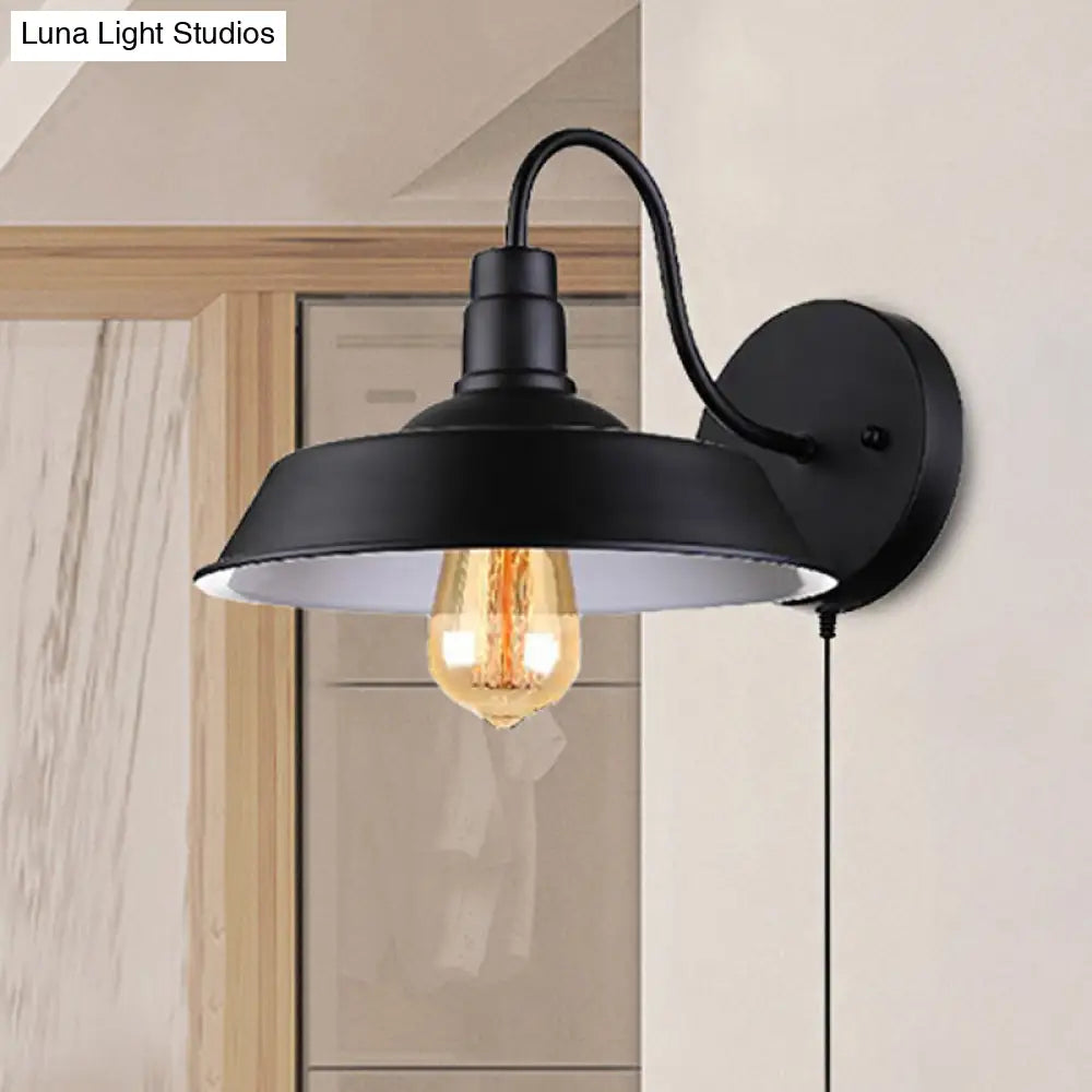 Barn Industrial Metal Wall Light Fixture - 1-Light Black Sconce With Gooseneck Arm And Plug-In Cord