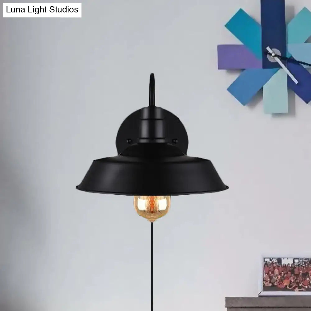 Barn Industrial Metal Wall Light Fixture - 1-Light Black Sconce With Gooseneck Arm And Plug-In Cord