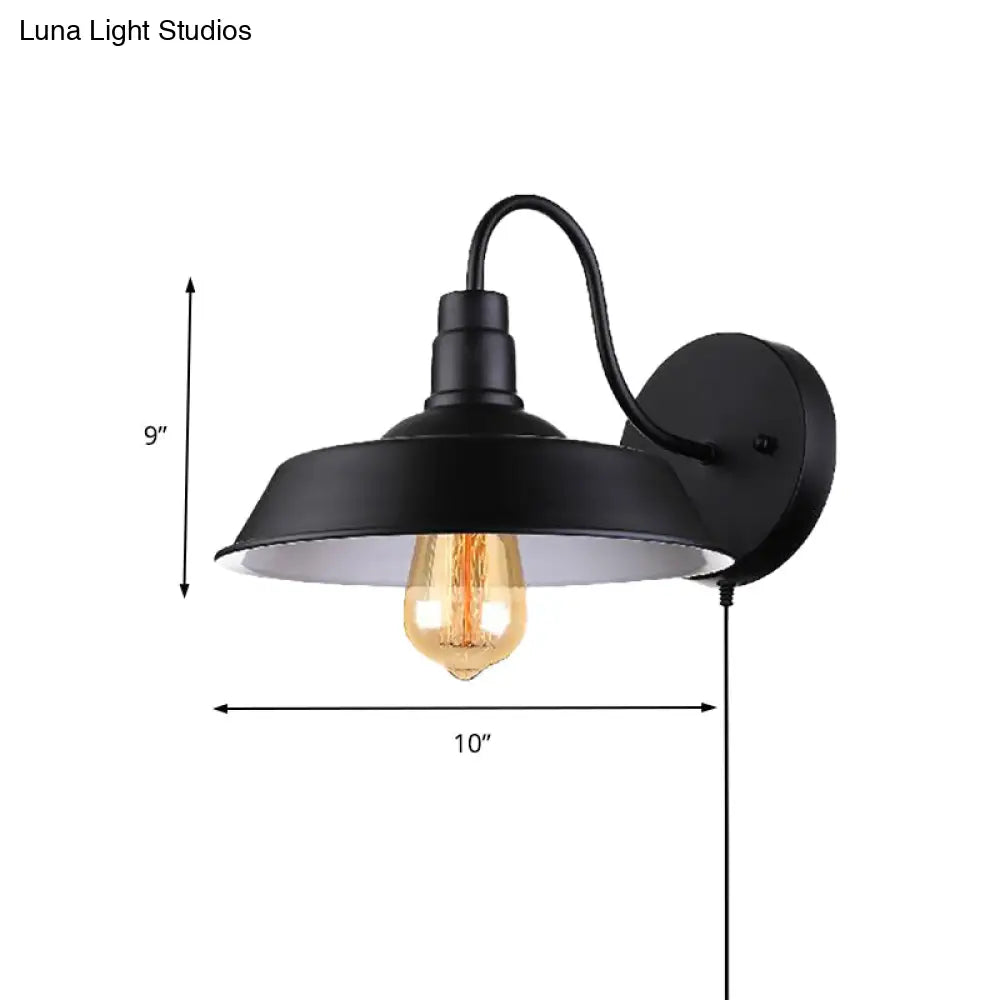 Barn Industrial Metal Wall Light Fixture - 1-Light Black Sconce With Gooseneck Arm And Plug-In Cord