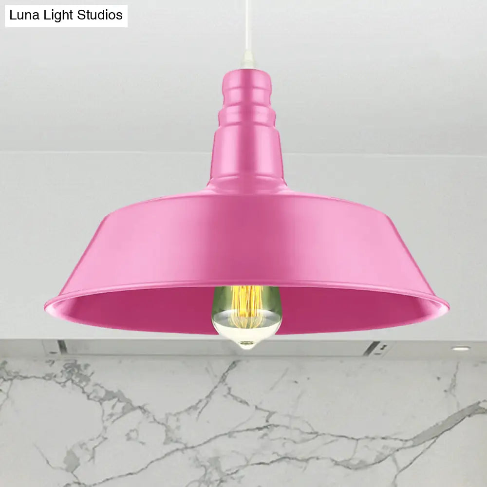 Industrial Style Metal Barn Pendant Lighting - 10/14 Inch Wide 1-Bulb Adjustable Cord Pink/Yellow