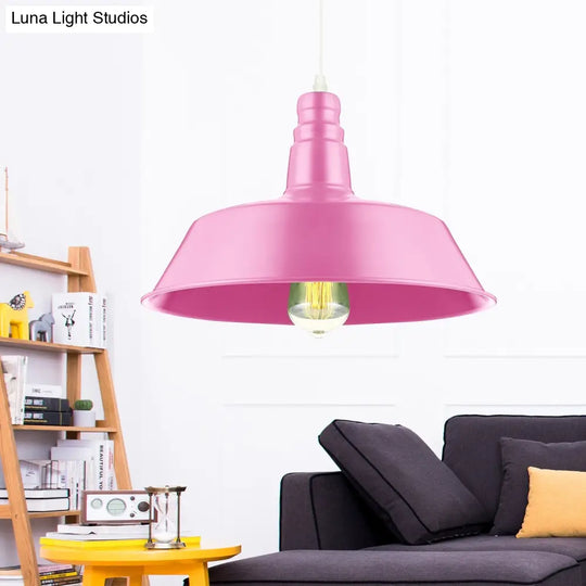 Industrial Style Metal Barn Pendant Lighting - 10/14 Inch Wide 1-Bulb Adjustable Cord Pink/Yellow