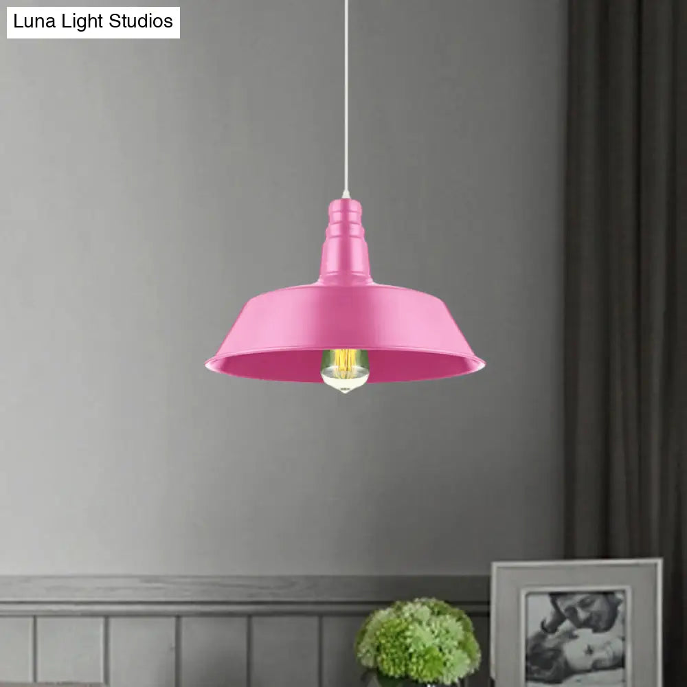 Industrial Style Metal Barn Pendant Lighting - 10/14 Inch Wide 1-Bulb Adjustable Cord Pink/Yellow