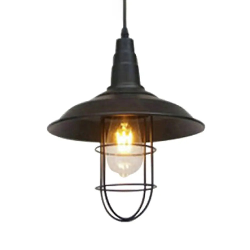 Barn Metal Suspended Light - Farmhouse Style Pendant With Wire Guard Black Finish