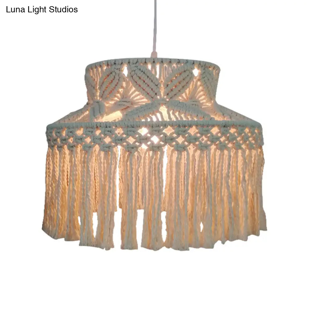 Barn Pendant Light - Traditional Beige Hemp Rope Suspension Fixture With Tassel Fringe